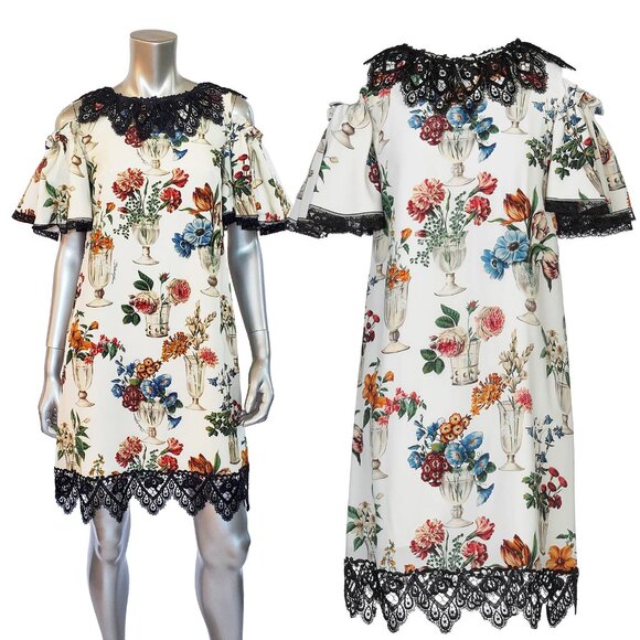 DOLCE & GABBANA DRESS FLORAL SIGNATURE COLD SHOULDER w LACE sz IT 40 US 4 - Picture 1 of 12